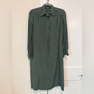 LANVIN Vintage Silk Dark Green Striped Long Sleeve Button Front Dress Size 10
